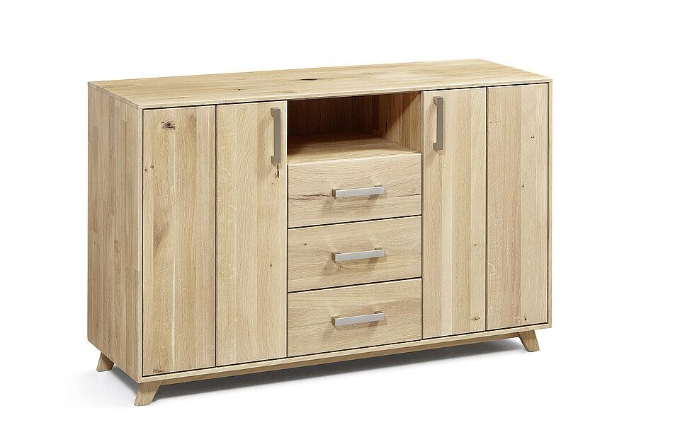 Holzkommode mit Holzfuß und 2 Türen und 3 Schubladen