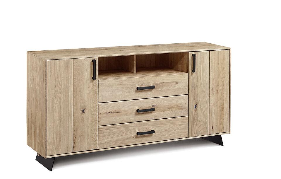 Holzkommode mit Metallfuß und 2 Türen und 3 Schubladen