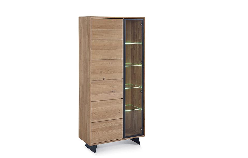 Holzvitrine mit Metallfuß und 1 Holztür und 1 Glastür