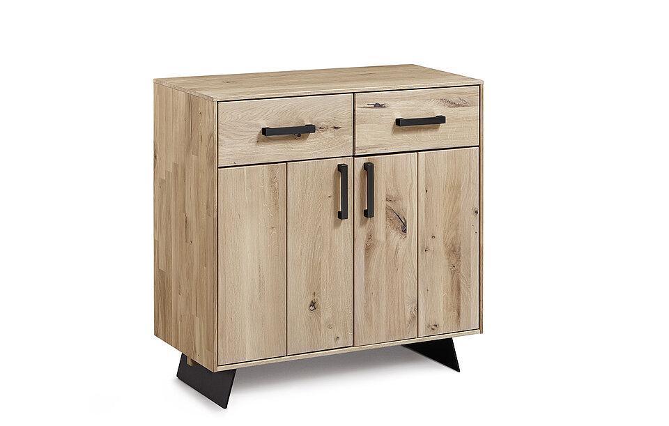 Holzkommode mit Metallfuß und 2 Türen und 2 Schubladen