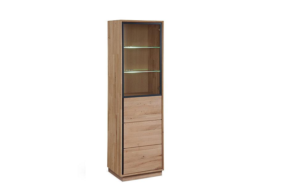 Holzvitrine mit Sockel und 1 Tür, oben Glas, unten Holz