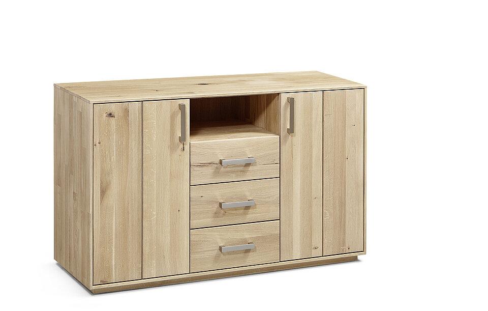 Holzkommode mit Sockel und 2 Türen und 3 Schubladen