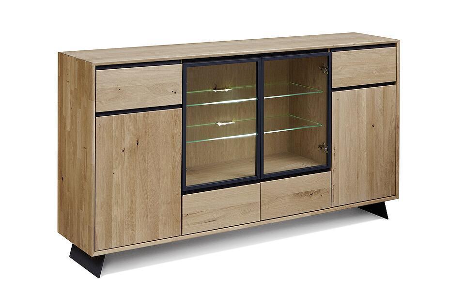 Holzkommode mit Metallfuß und 2 Glastüren, 3 Schubladen und 2 Holztüren