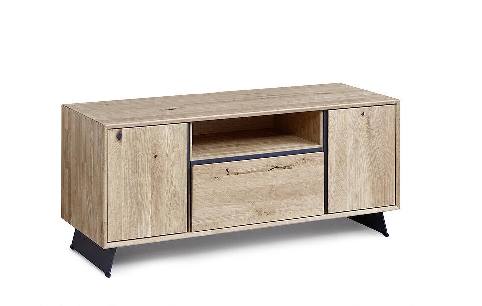 Holzelement mit Metallfuß und 1 offenes Fach, 2 Schubladen und 2 Holztüren