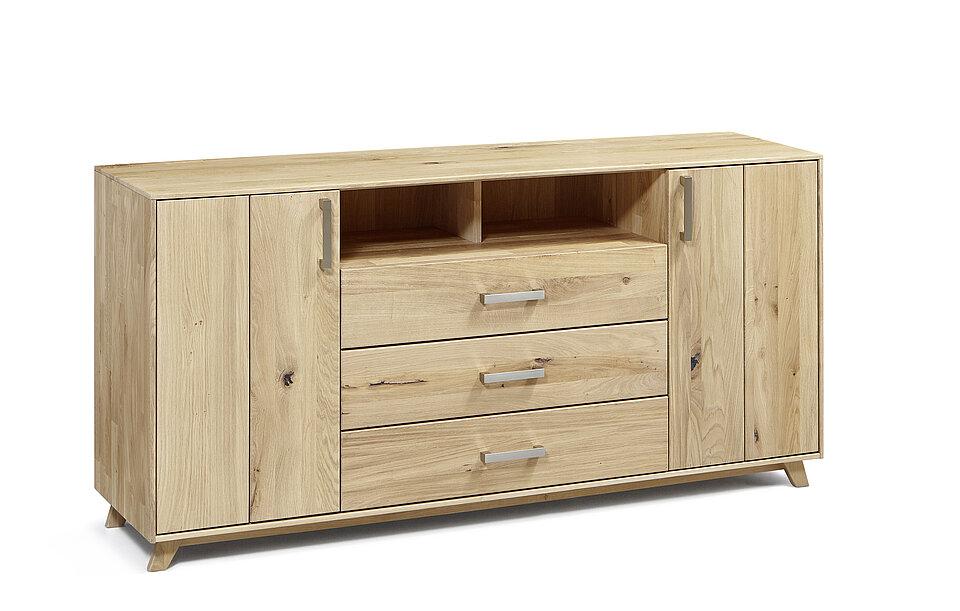 Holzkommode mit Holzfuß und 2 Türen und 3 Schubladen