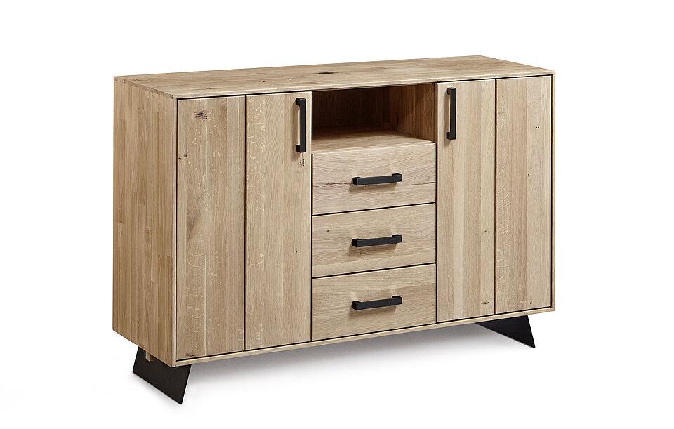 Holzkommode mit Metallfuß und 2 Türen und 3 Schubladen