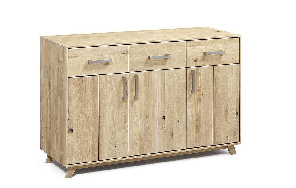 Holzkommode mit Holzfuß und 3 Türen und 3 Schubladen