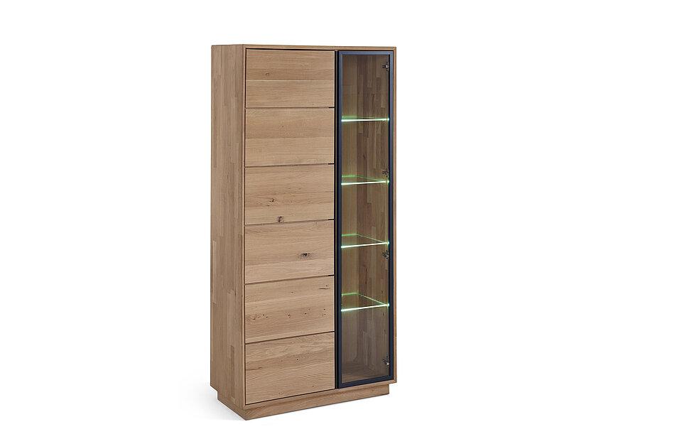 Holzvitrine mit Sockel und 1 Holztür und 1 Glastür