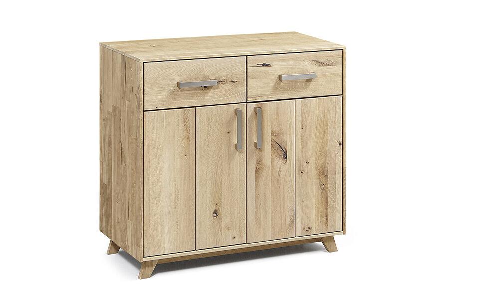 Holzkommode mit Holzfuß und 2 Türen und 2 Schubladen